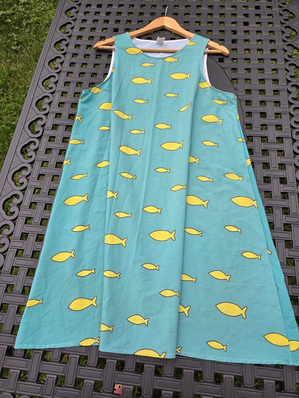 Handmade Princess Caroline Turquoise Shift Dress with Yellow Fish Print